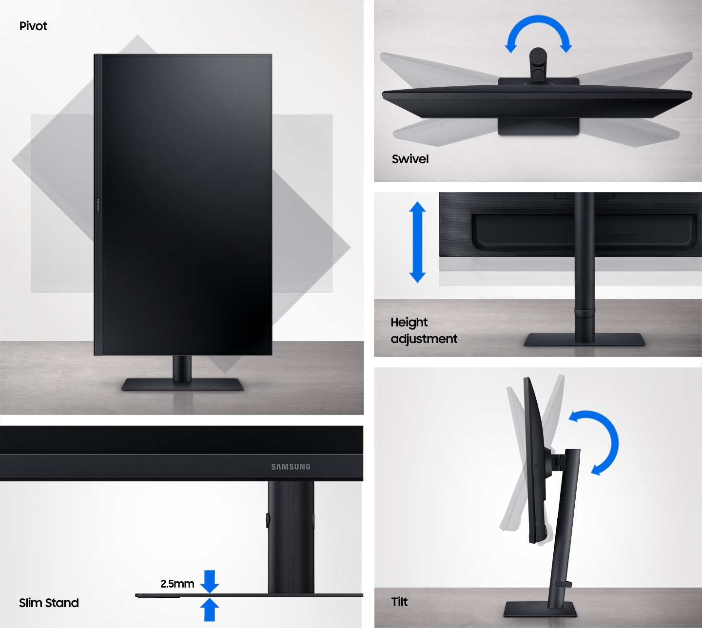 The operating range of the Pivot, Swivel, Height adjustment, and Tilt functions of the S61b monitor is shown as a transparent. And the 2.5mm Slim Stand is enlarged.
