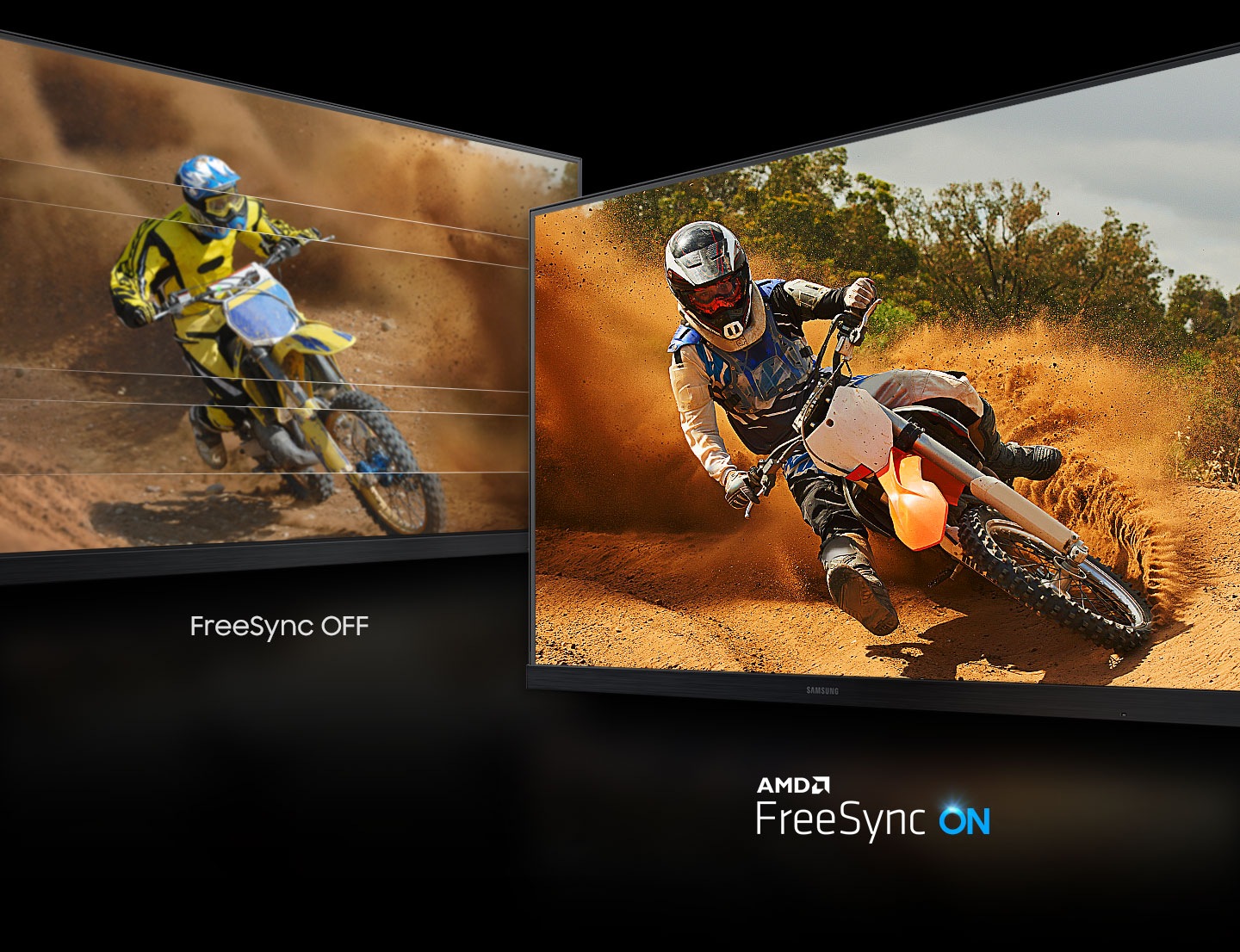 مقارنة بين FreeSync OFF وAMD FreeSync On. يتسبب إيقاف FreeSync في تمزق صورة الراكب على الشاشة، ولكن صورة الراكب على شاشة AMD FreeSync مرئية بوضوح دون عائق.