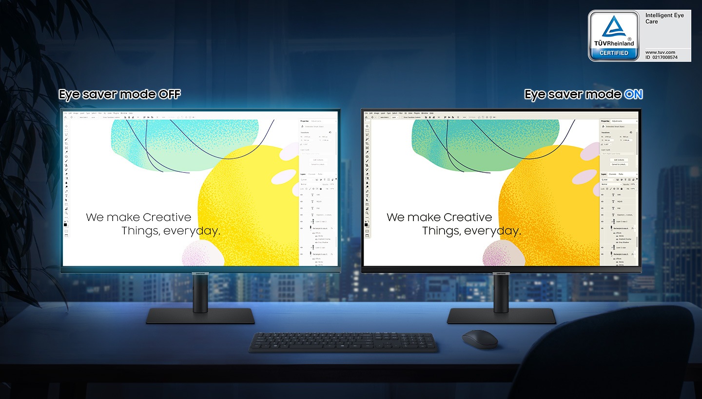 Two identical monitors and their stands are side-by-side on one desk against a city skyline outside the window behind, with a keyboard and mouse on the desk in front. The monitor on the left is demonstrating 'Eye saver mode OFF' with blue lights emitted from the screen, while the monitor on the right is demonstrating 'Eye saver mode ON' without any blue lights.  In the top right corner of the monitor is an Intelligent Eye Care logo certified by TUV Rheinland, with ''www. tuv.com'' website address and ID number 0217008574 written on it.