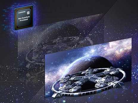 Two screens along with the Samsung Neo Quantum Processor square chip label are shown, all floating and angled to the right. The chip is on the top left with a glowing blue and purple light surrounding it. The closest screen on the bottom right shows a space scene with a circular spaceship with a star-shaped interior floating in front of a planet and protruding off the screen slightly.