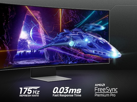 An Odyssey monitor is shown standing on a surface with a spaceship flying away from a nighttime city scene, through a cave, and off the screen. The text around the monitor communicates the specs: “175Hz refresh rate, 0.03ms fast response time, and AMD FreeSync Premium Pro.”