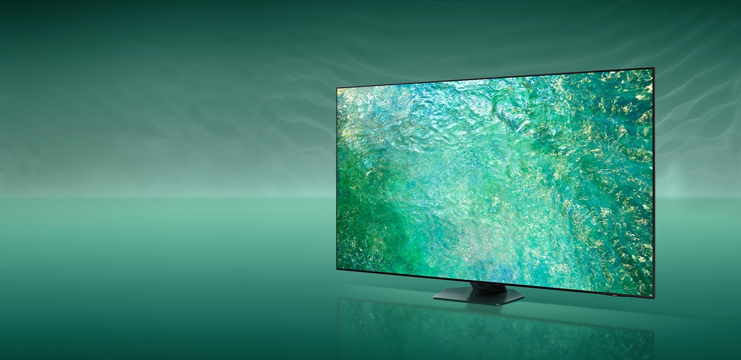 A Neo QLED TV is displaying green graphic on its screen