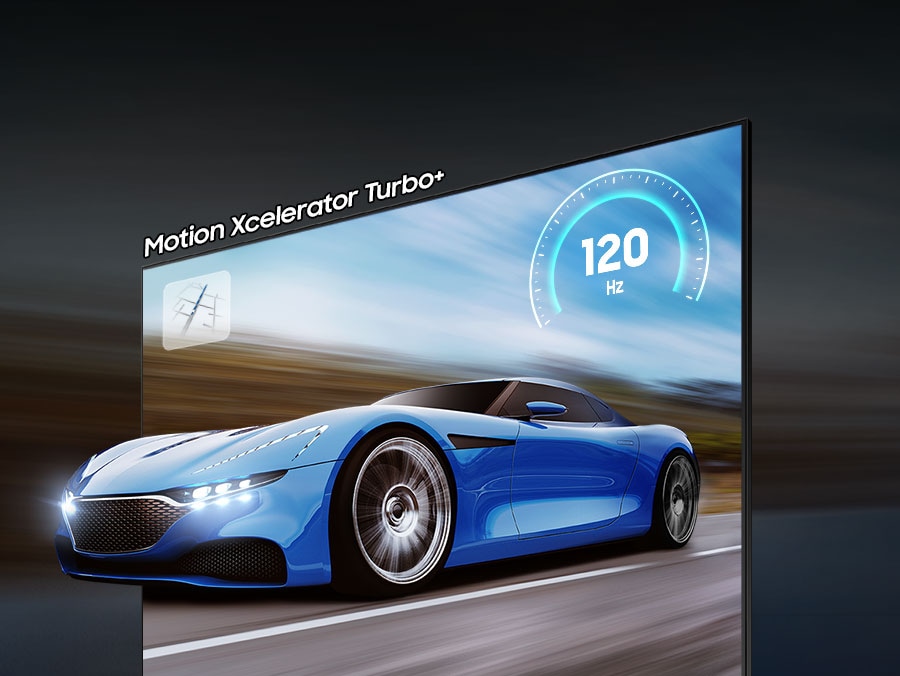 The blue car on the TV screen looks clearer and more visible on the QLED TV than on conventional TV due to motion xcelerator turbo+ technology. 120Hz is on display.