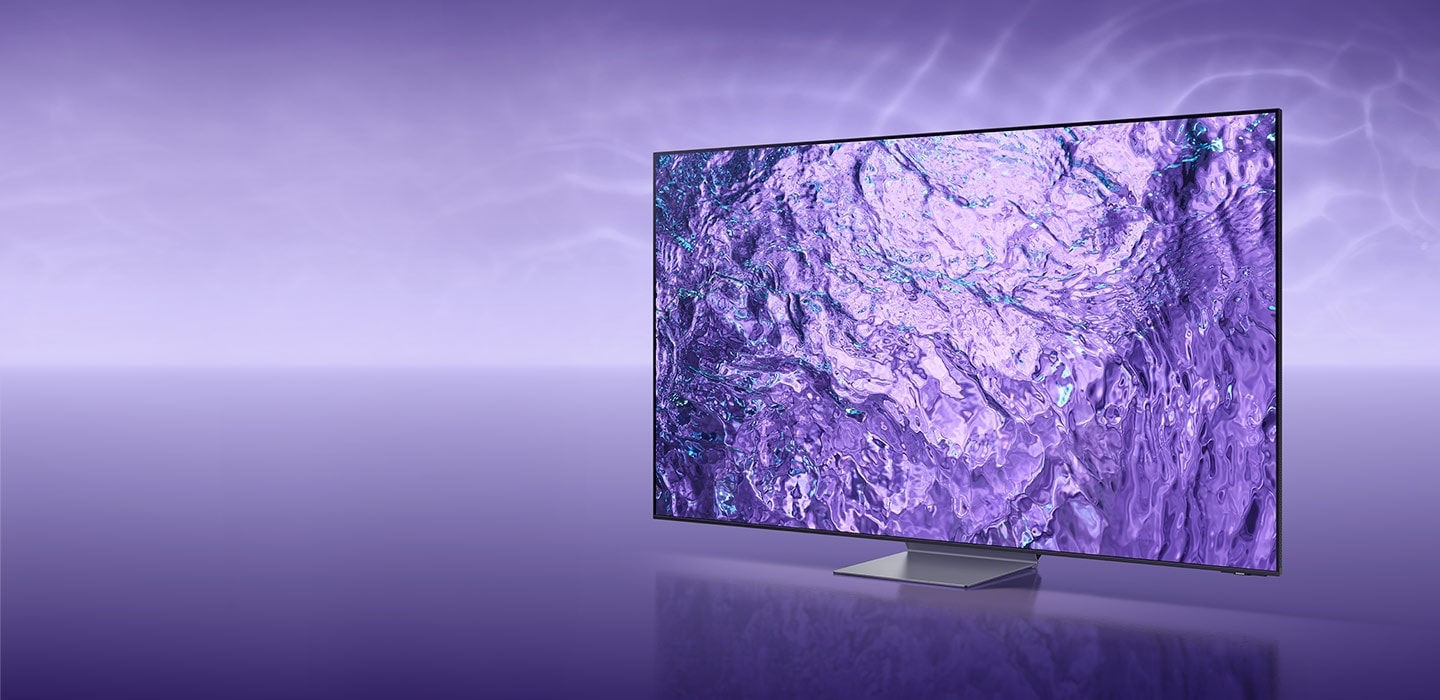На екрані телевізора Neo QLED відображається фіолетова графіка на фіолетовому фоні.