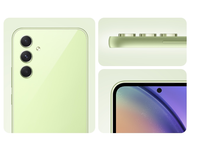 1. A Galaxy A54 5G in Awesome Lime is showing its camera layout, side view of the camera layout and the front of the device.