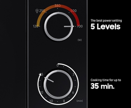 Shows the microwave oven's two dials, which let you choose from 5 power levels and adjust the cooking time up to 35 minutes.