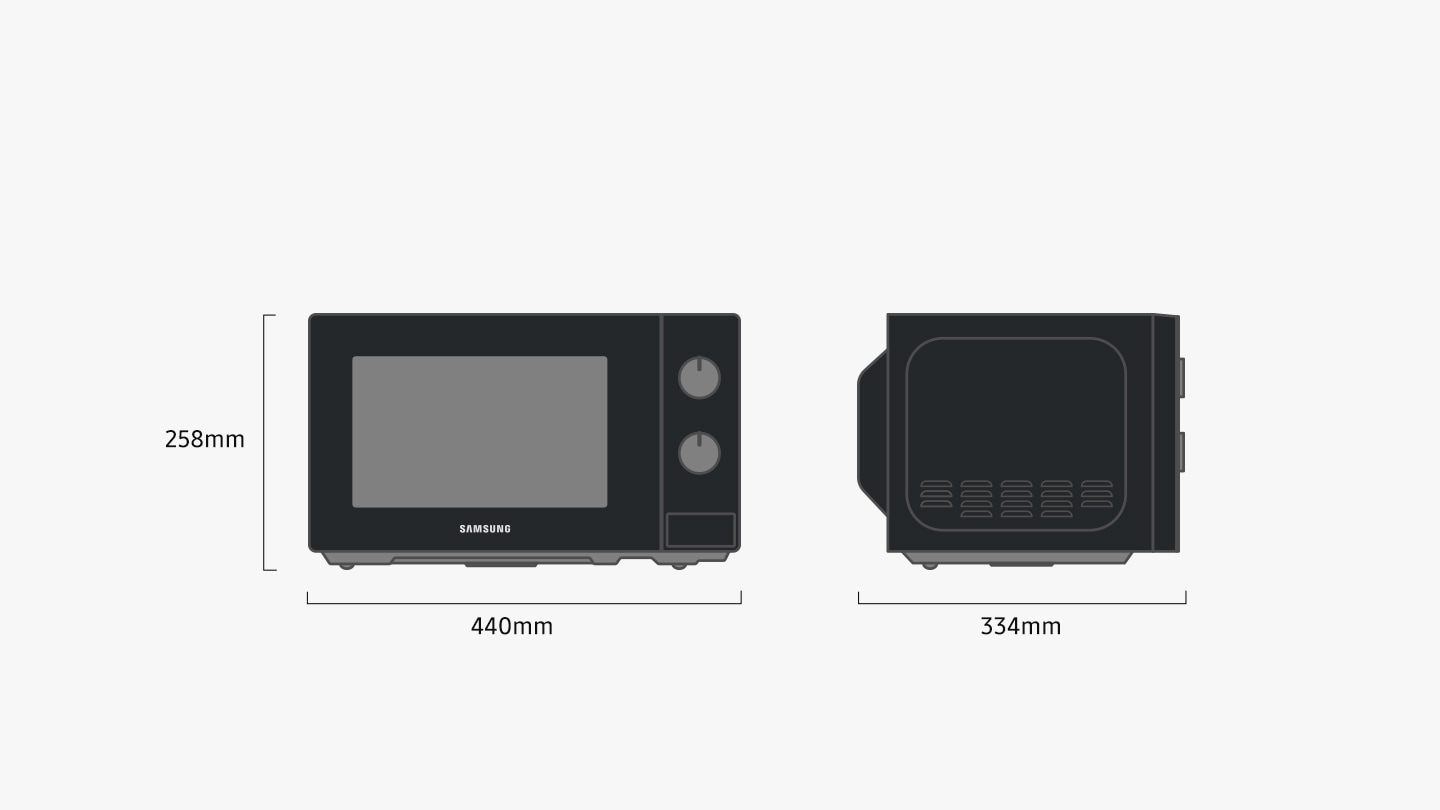 Diagrams highlight the dimensions of the microwave: height = 258mm, width = 440mm, depth = 334mm.