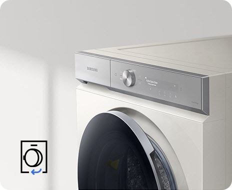 A Bespoke Grande AI washer is placed diagonally, with its door slightly opened. An Auto Open Door icon is in the bottom left corner.