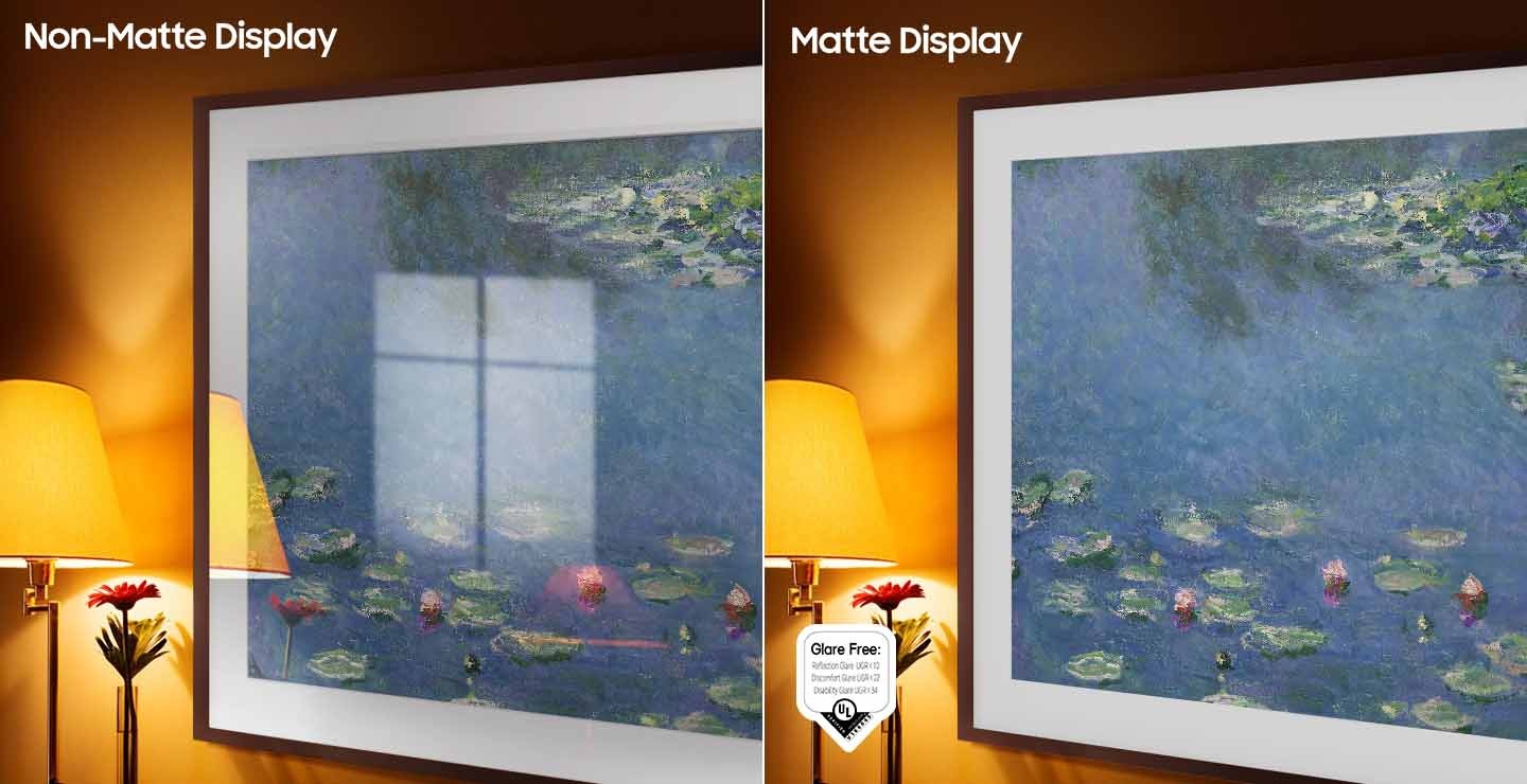 The left side of the screen with the word †Conventional' shows The Frame displaying an artwork full of reflections. The right side of the screen with the words †Matte Display' shows The Frame with the same painting that has no glare. A glare-free certified logo is on the lower left side.