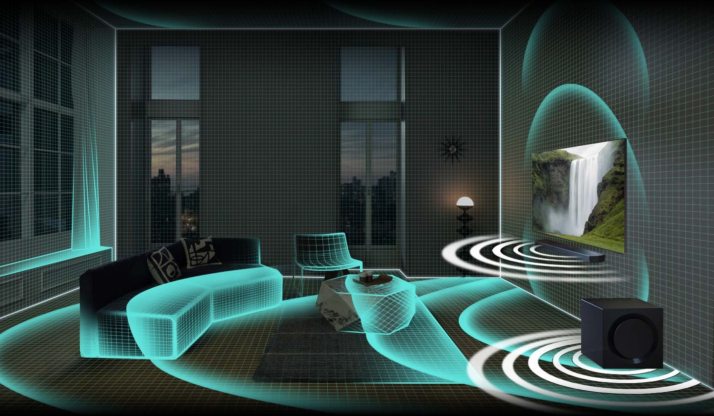 Samsung Q Soundbar analyzes a living room and optimizes sound to fit the space.