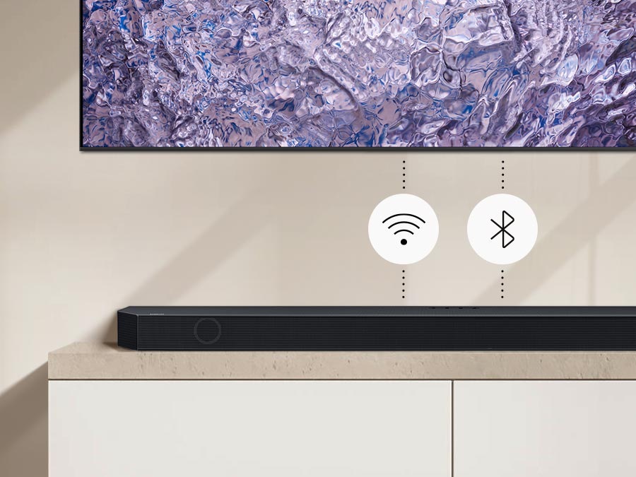 Sound being played through Soundbar connected to TV with Wi-Fi and Bluetooth.