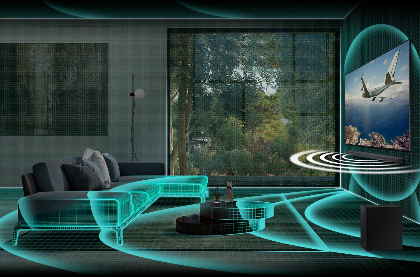 Samsung Q Soundbar analyzes a living room and optimizes sound to fit the space.