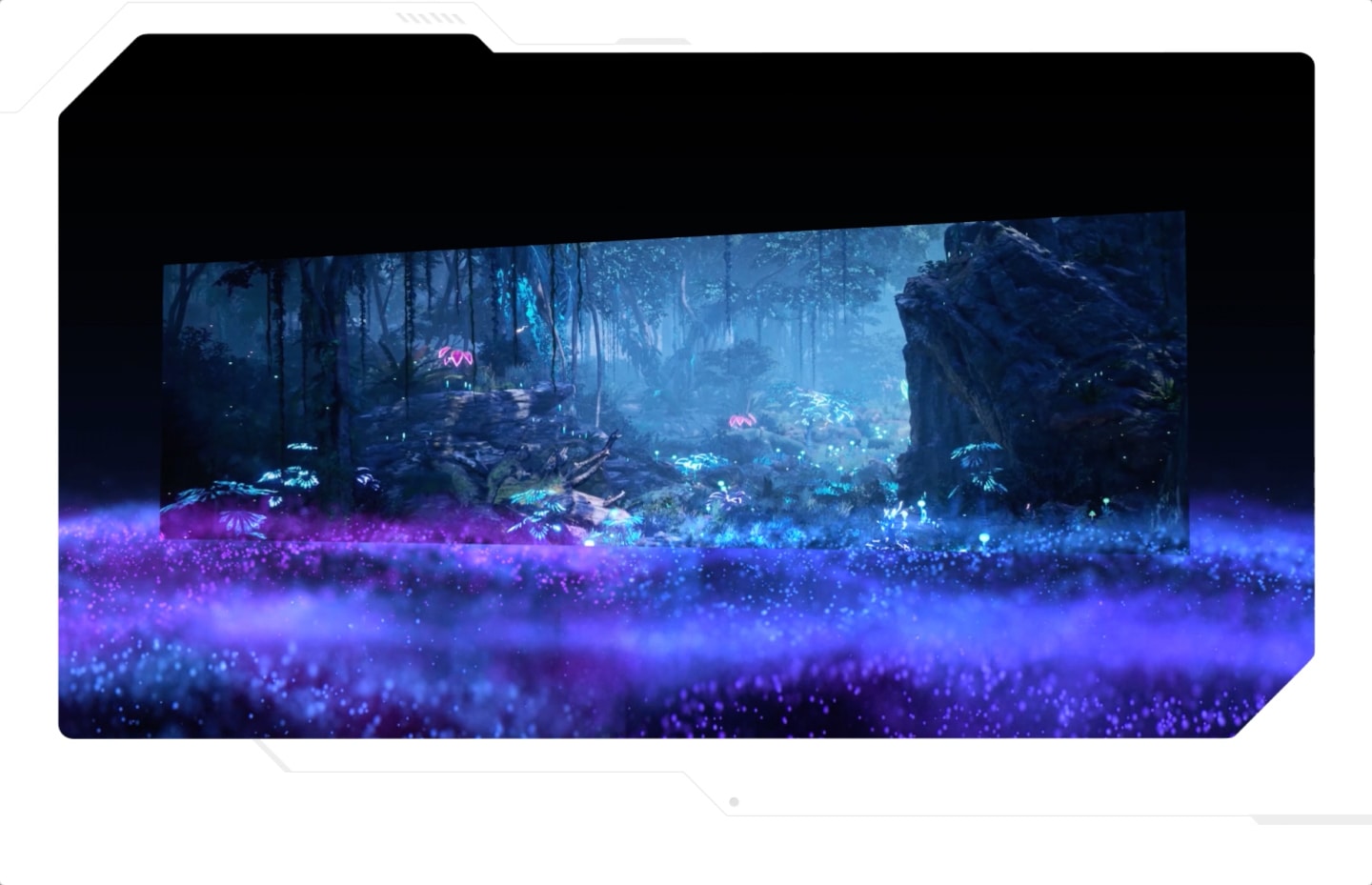 Samsung Neo Quantum Processor Pro is shown with the square chip label in the middle. And it transitions to show a nighttime scene in the forest on the screen, zooming out on a misty jungle surrounded by trees. The screen is angled to the left.
