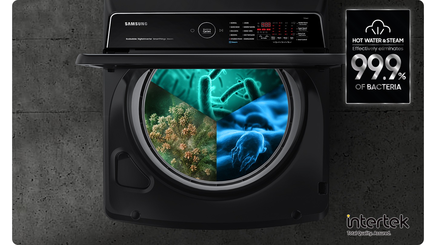 Steam wash certified by Intertek,steam is dispersed inside the washing machine door to remove allergens and bacteria up to 99.9%.