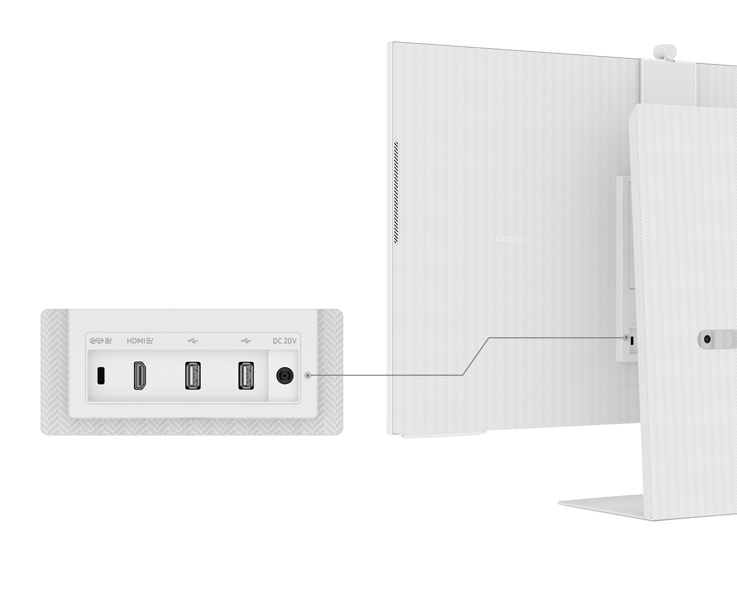 The back of the monitor is shown, and the ports of the monitor is being closed up. There are 2 USB-A ports, 1 HDMI port, 1 USB-C port, and a power.