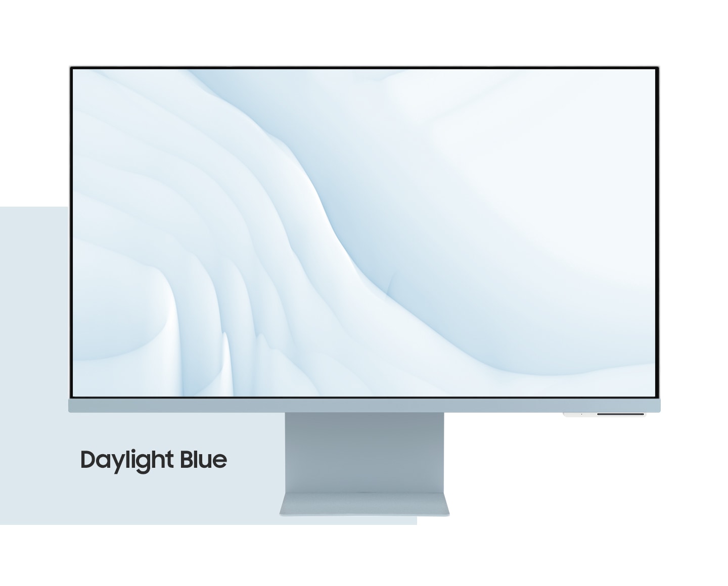 There are four monitors in a row. And as the monitors merge into one, the color changes, and each color name appears sequentially at the bottom - warm white, spring green, sunset pink, and daylight blue.