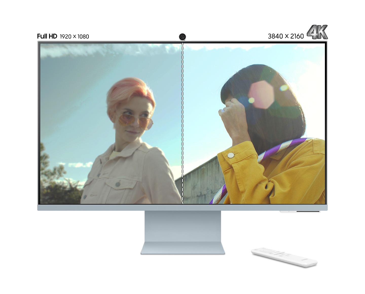The screen, featuring with two women, is divided into half to compare the picture quality. On the left side of the screen is Full HD, 1920 x 1080 and on the right side of it is 4K, 3840 x 2160. At the end, the 4K screen fills up the whole screen and its picture quality shows clearer than Full HD.