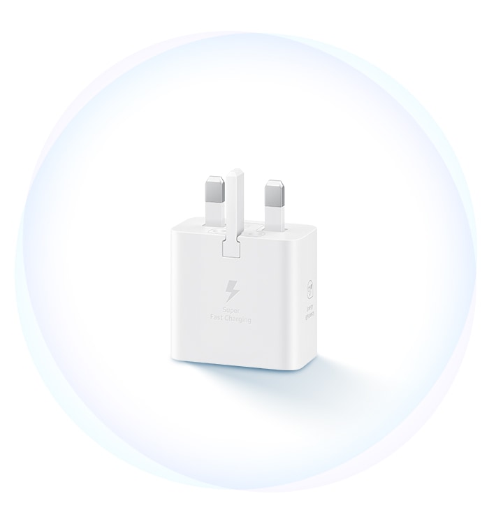 A white Power Adapter is placed plug-face-up. On the adapter, a thunderbolt icon is shown along with text below that reads 'Fast Charging'.