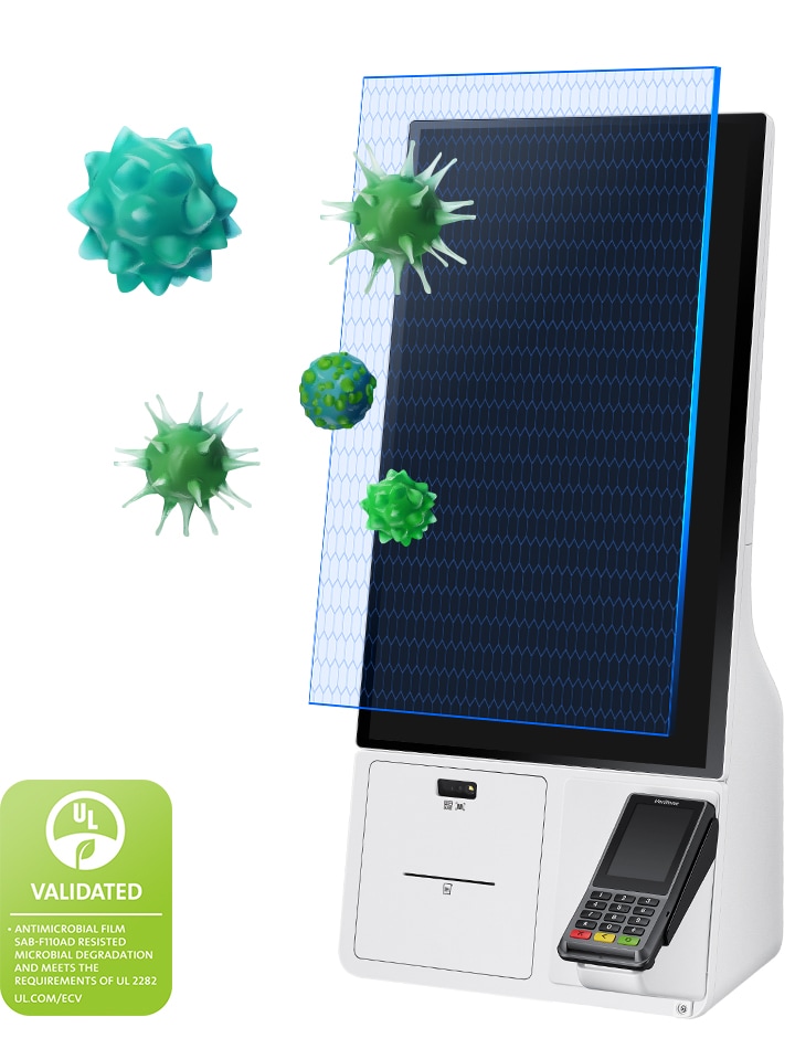 A glass-look shield protects the KMA against viruses. There is a UL validated mark on the shield.