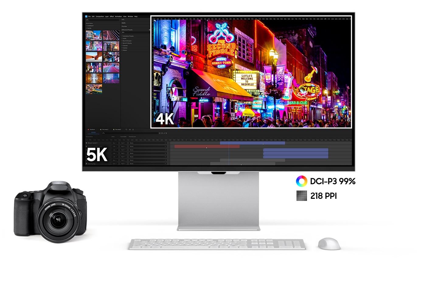 There is a colorful image and a working tool on the monitor. In the image, there're 4K and 5K texts, which mean the 5K has bigger space than 4K. Under the monitor, there's DCI-P3 99% and 218 PPI texts as well. In front of it, there're a camera, keyboard, and mouse.