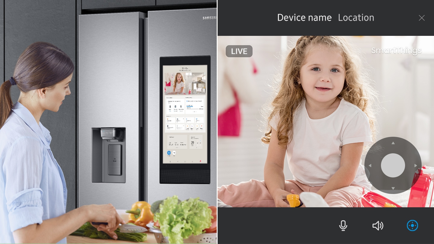 A woman cooking in the kitchen is viewing her baby playing in another room through the screen of the RS8000NC. The 360 degree camera moves sideways, showing the baby playing with.