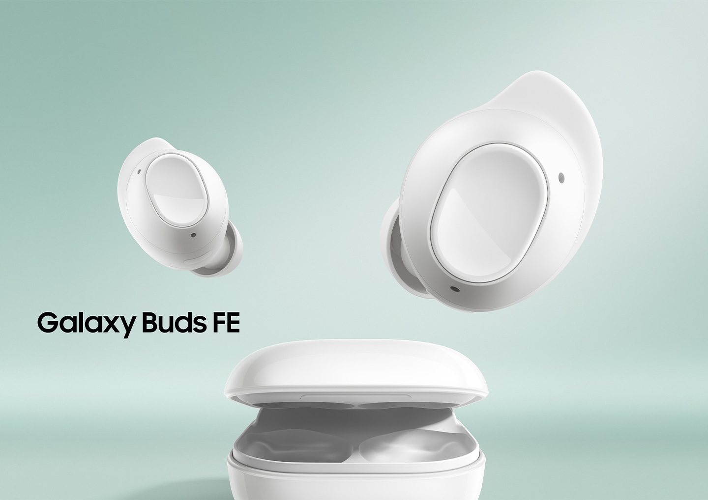 Galaxy Buds FE shown with the two earbuds hovering over the slightly opened charging case.