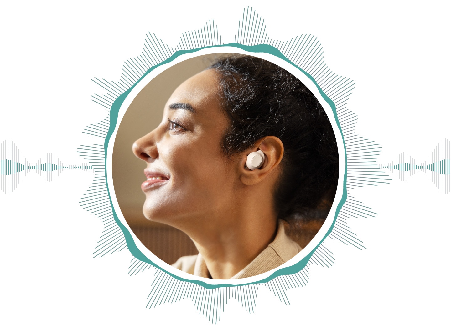 A woman wearing a Galaxy Buds FE in her left ear. Her face is enclosed within a circle of wavelike lines, symbolizing the active noise canceling feature of the earbuds.