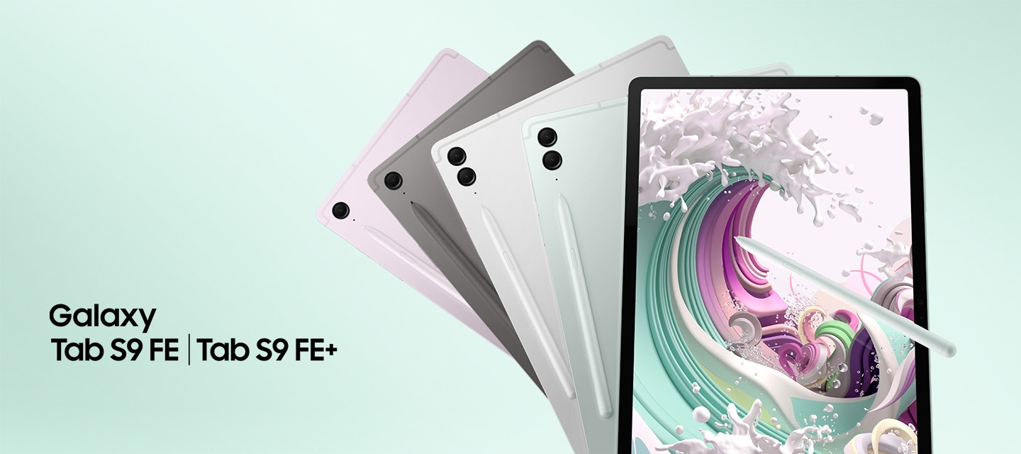 Galaxy Tab S9 FE in Lavender and Gray, Tab S9 FE+ in Silver and Mint are lined up overlapping each other with their back facing forward and S Pen attached. An S Pen is pointing at the screen of a Mint-colored Galaxy Tab S9 FE+ with a colorful wave wallpaper onscreen.