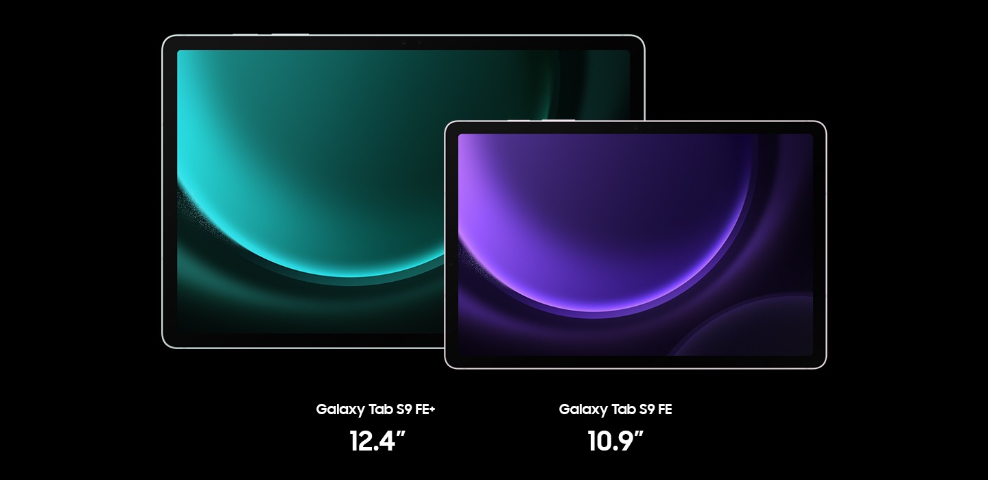 Galaxy Tab S9 FE+ in Mint with a 12.4-inch screen and Tab S9 FE in Lavender with a 10.9-inch screen next to each other in Landscape mode, facing forward with a green and purple wallpaper onscreen, respectively.