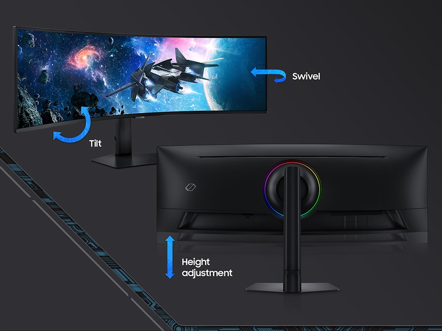 A monitor is seen twice from different angles. In a view from the front of the monitor, an arrow curves up and down with the word "Tilt." and another arrow shows that the monitor rotates from left to right, with the word "Swivel." In a different view from the back of the monitor, an arrow points straight up and down with the words "Height adjustment."