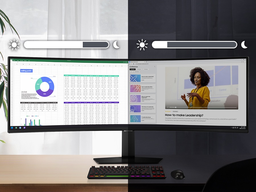 The Odyssey monitor's screen is split into two. The left side shows a graph while the right side shows a female individual presenting. A brightness level is shown above both sides of the monitor. The left has the brightness turned almost all the way up, while the right shows the brightness turned all the way down.