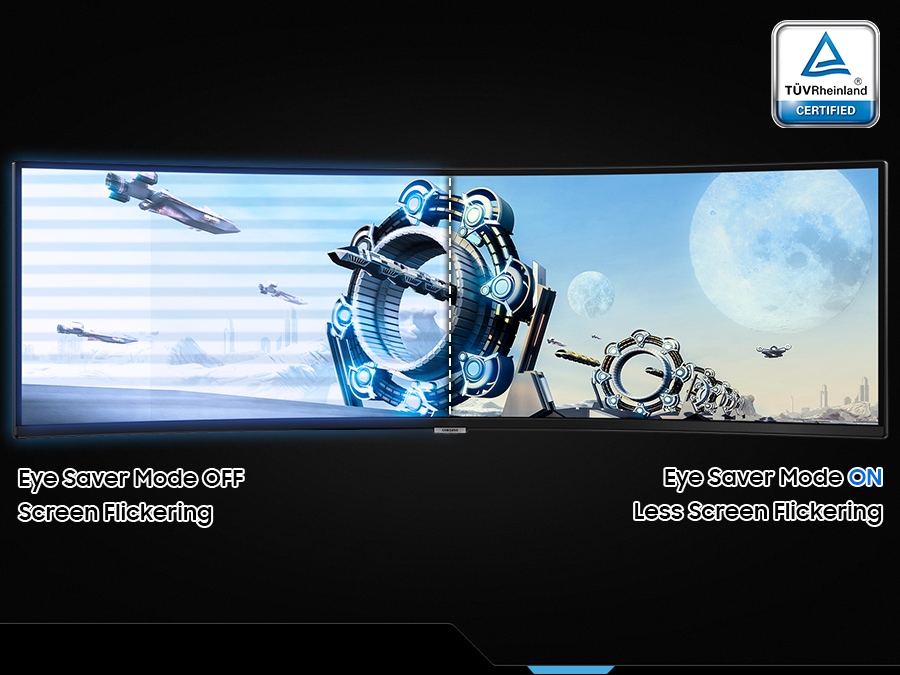 The Odyssey monitor's screen is split into two. A space city scene is shown across both sides of the screen. Text below the monitor reads “Eye Saver Mode OFF. Screen Flickering” on the left side and “Eye Saver Mode ON. Less Screen Flickering” on the right. Above them, there is a TUV certification logo.