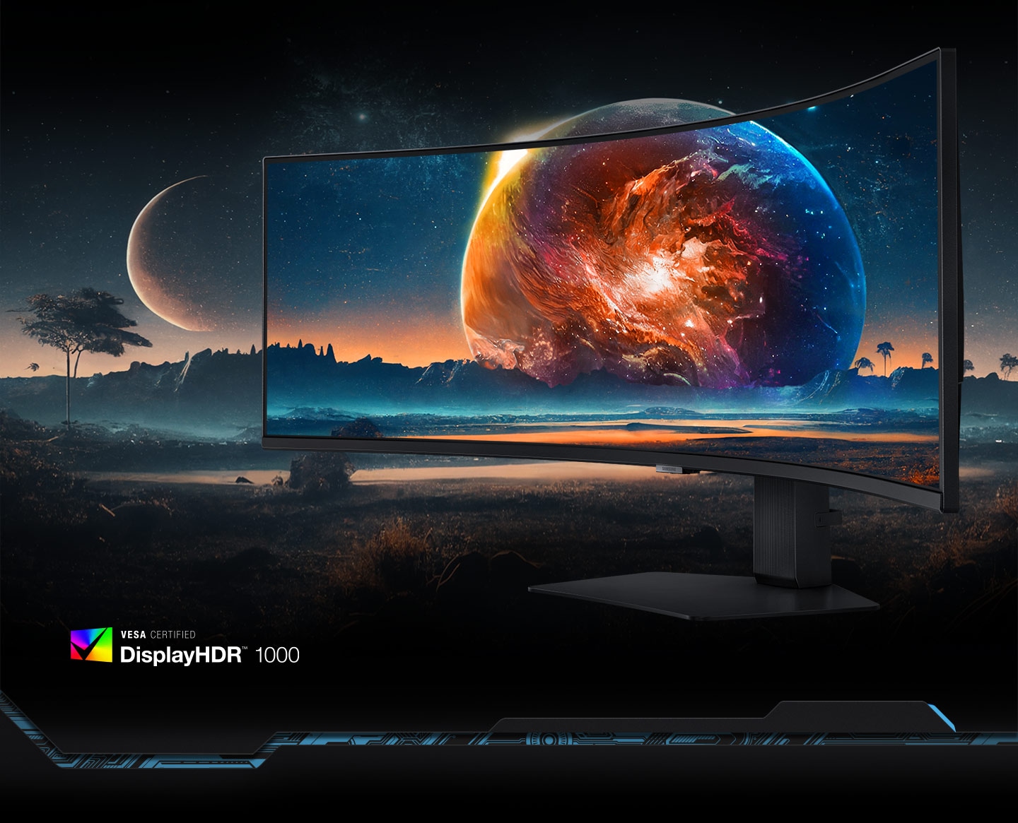 On a monitor, a landscape with mountains and hills is seen in front of a planet in the sky. The landscape and sky both extend out from the monitor. VESA Certified DisplayHDR 1000 logo is located at the bottom left corner.