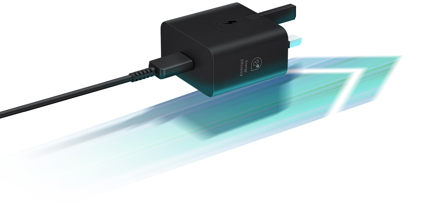 A black Power Adapter is seen casting a shadow on an arrow located below it that points to the right, to which the adapter's plug is also aligned.