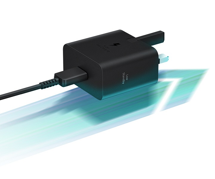 A black Power Adapter is seen casting a shadow on an arrow located below it that points to the right, to which the adapter's plug is also aligned.