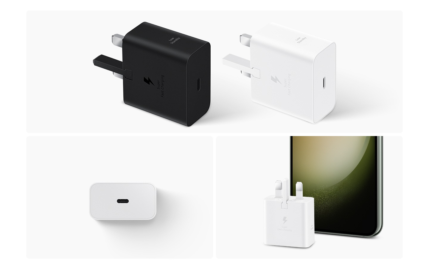 At the top, two Power Adapters, in black and white, are shown. To the bottom left, a white Power Adapter shows the side with the USB-C port. To the bottom right, a white Power Adapter is placed in front of a Galaxy smartphone device.