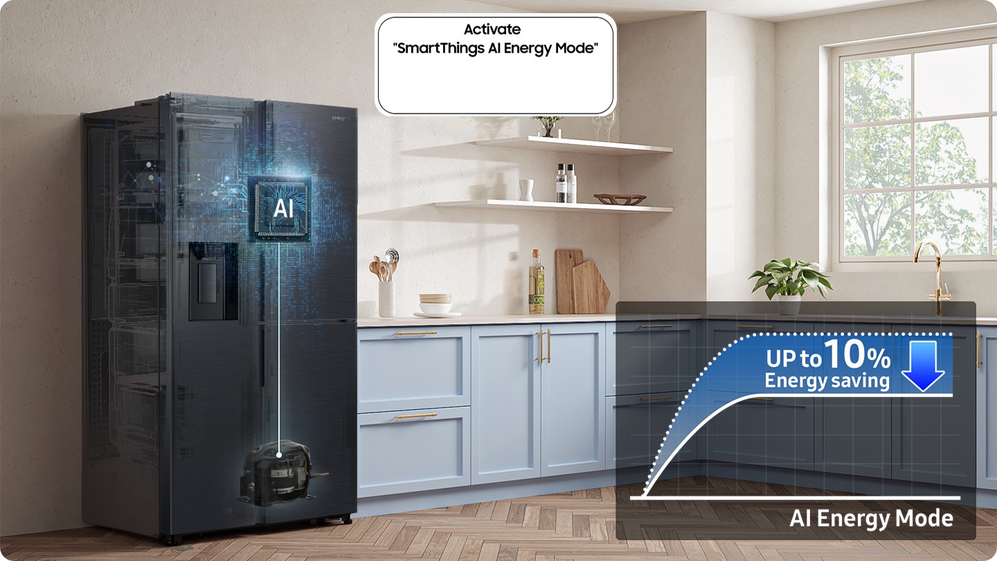 The refrigerator installed in the kitchen with the Activate “SmartThings AI Energy Mode” button ON. The AI Energy Mode is turned on, AI activated to check internal and manage the compressor, and a graph shows the UP to 10% Energy Saving effect when in AI Energy Mode compared to Normal mode.