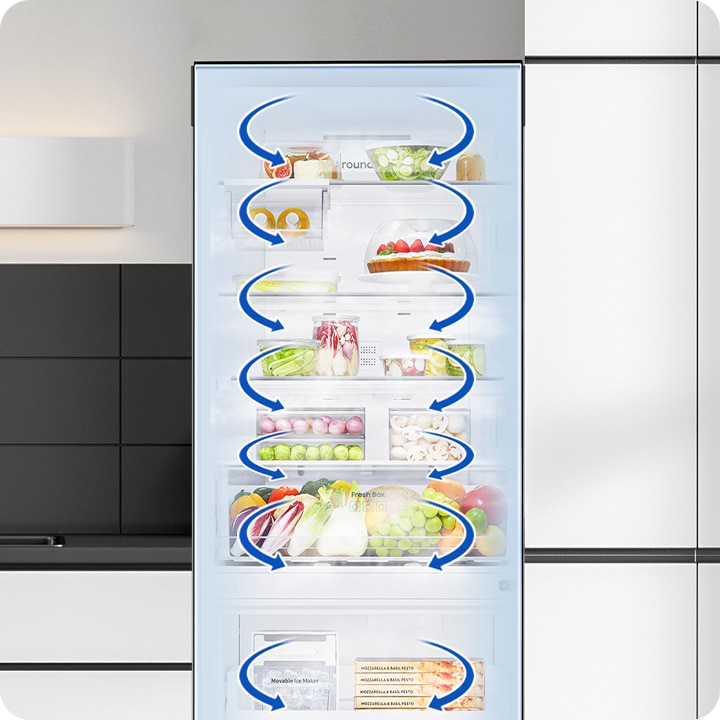 Inside the RB6000D, an arrow indicates that cold air surrounds the food.