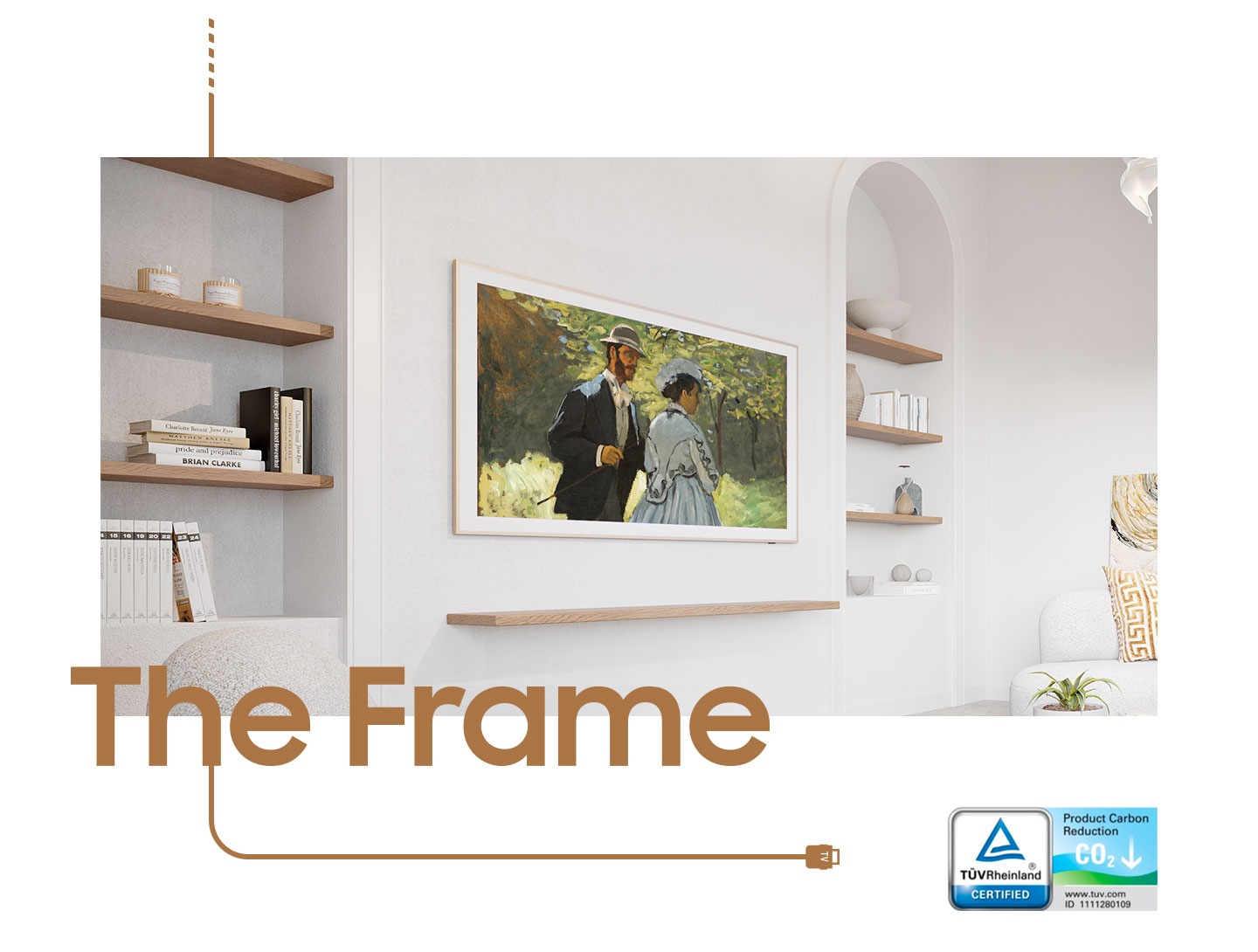 The Frame hangs on a wall in the living room, displaying a painting of a couple on screen. A Product Carbon Reduction logo by TUVRheinland CERTIFIED is on the lower right side.