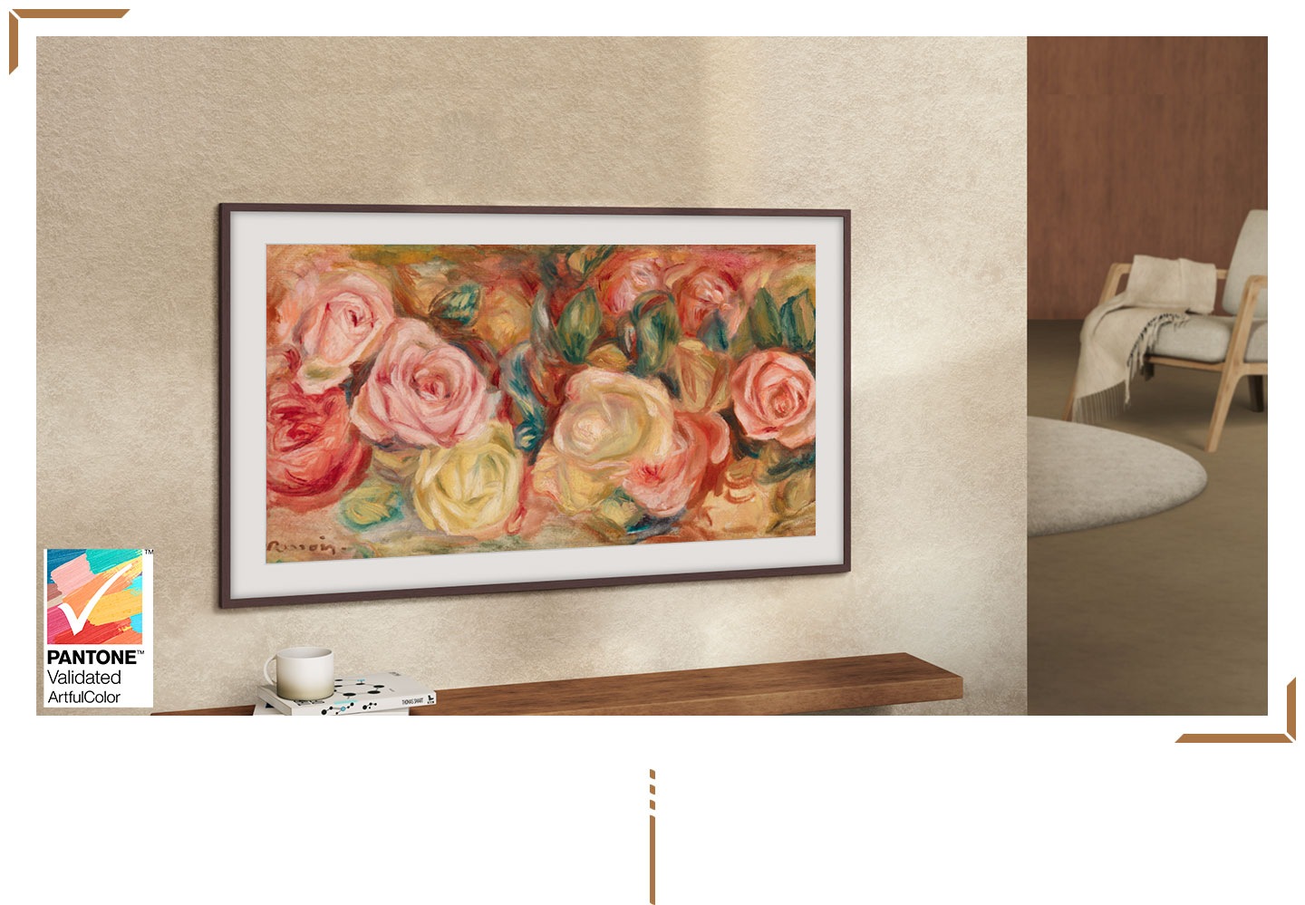 The Frame TV is set on a wall. The screen shows a painting of roses. A logo reads It's The Frame and the PANTONE Validated certification stamp.