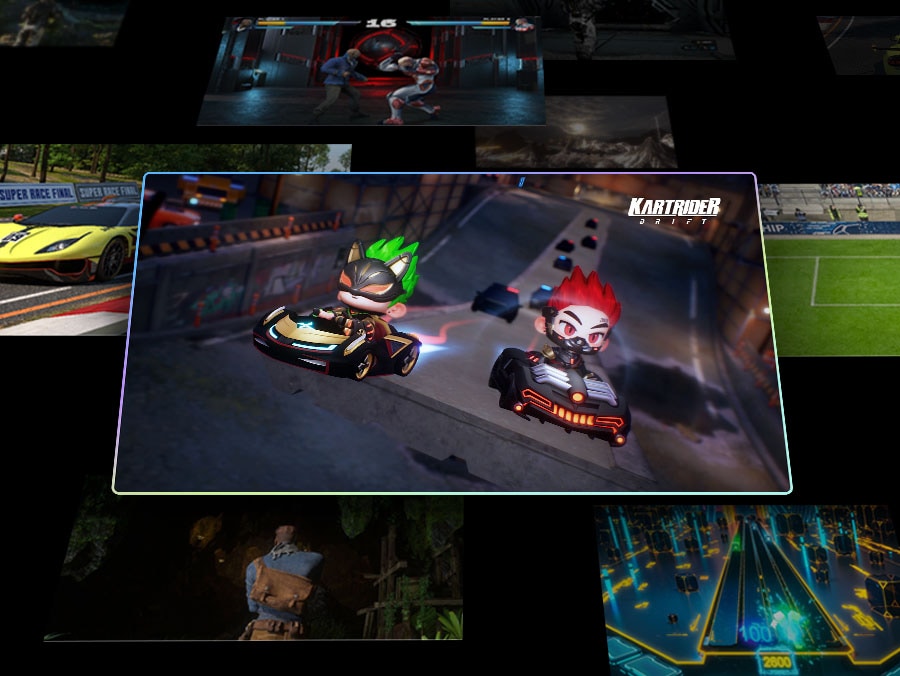 Scattered scenes from games with one main scene front and center. "RPG" is detected as its genre, as it is then scanned into optimal settings by Samsung's AI technology. Then the screen changes and "Racing" is detected as the genre of "Kart Rider Drift" as it is also scanned into optimal settings.