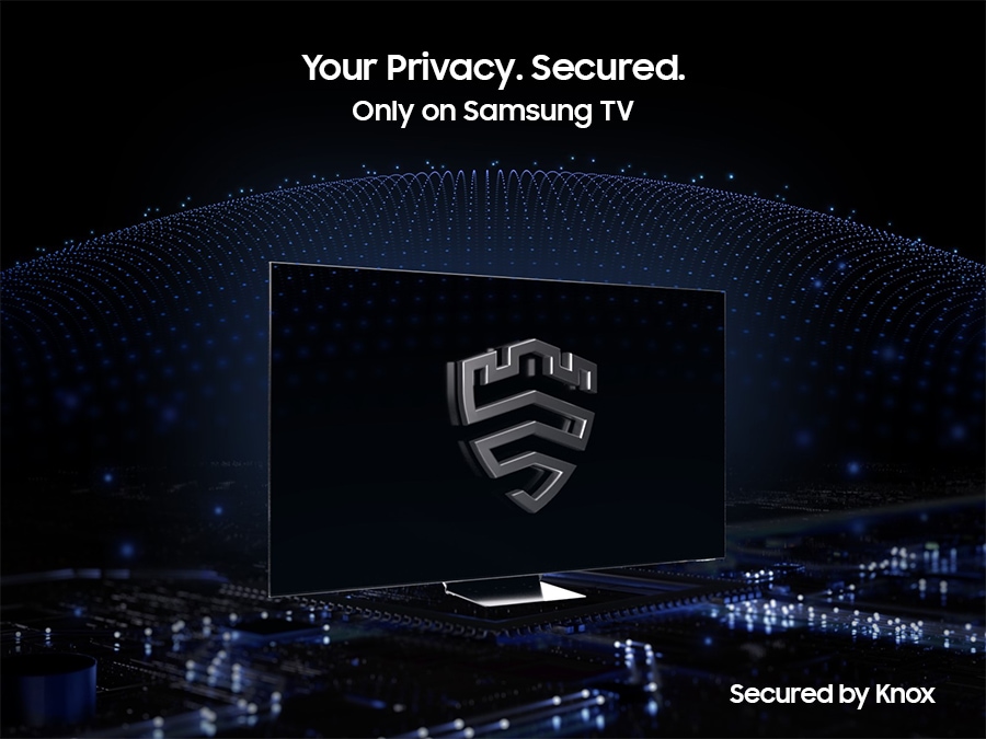 A multi-layered security solution is creating a dome-like enclosure behind a TV that's secured by Knox. The screen features the Samsung Knox emblem. The text Your privacy. Secured. Only on Samsung TV is on display on top. 