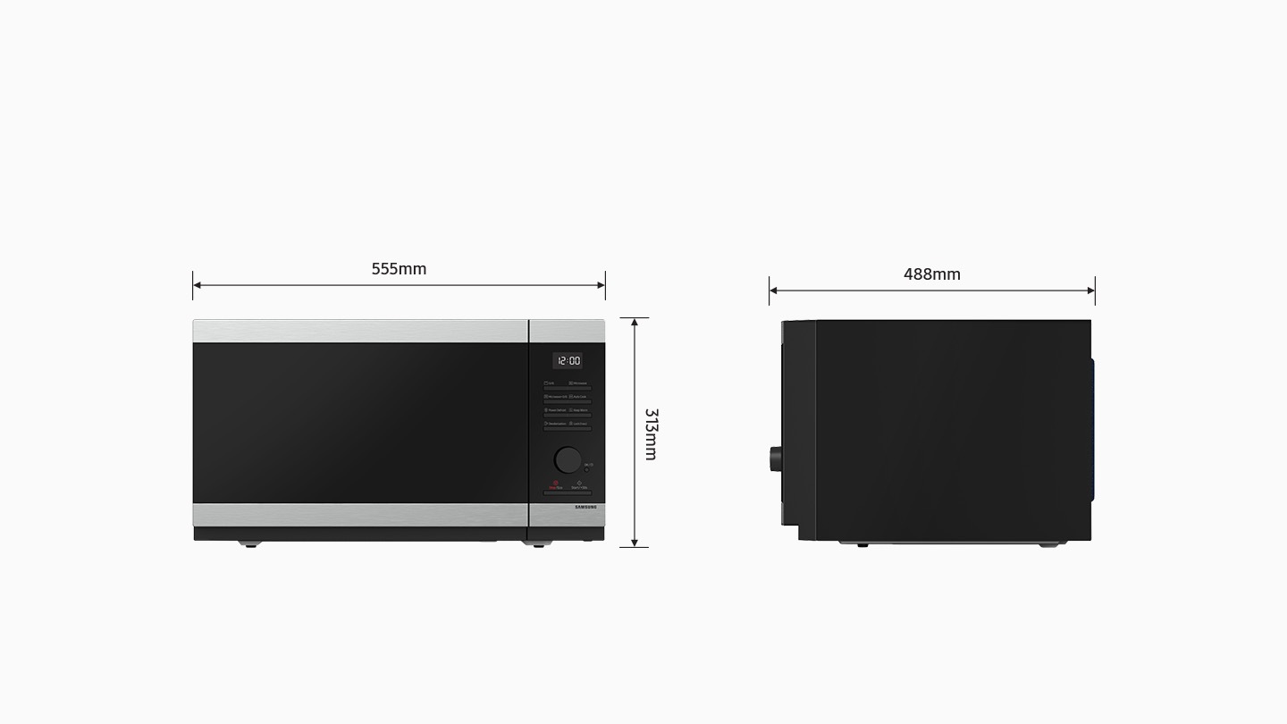 Shows the front and side of the microwave oven to illustrate how to measure its size. Its dimensions are: height = 313mm, width = 555mm, depth = 488mm.