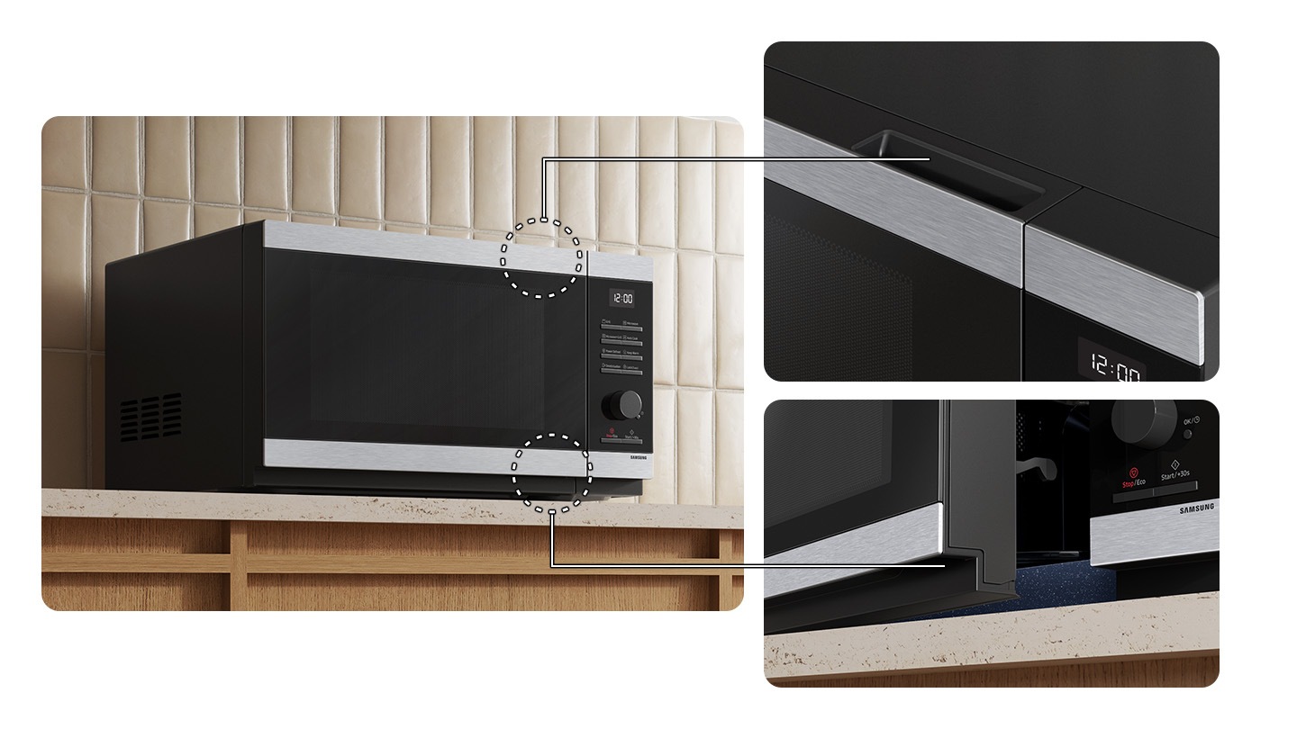 The microwave has seamless and recessed handles. Close-ups show the handles located at the top and bottom of the door.