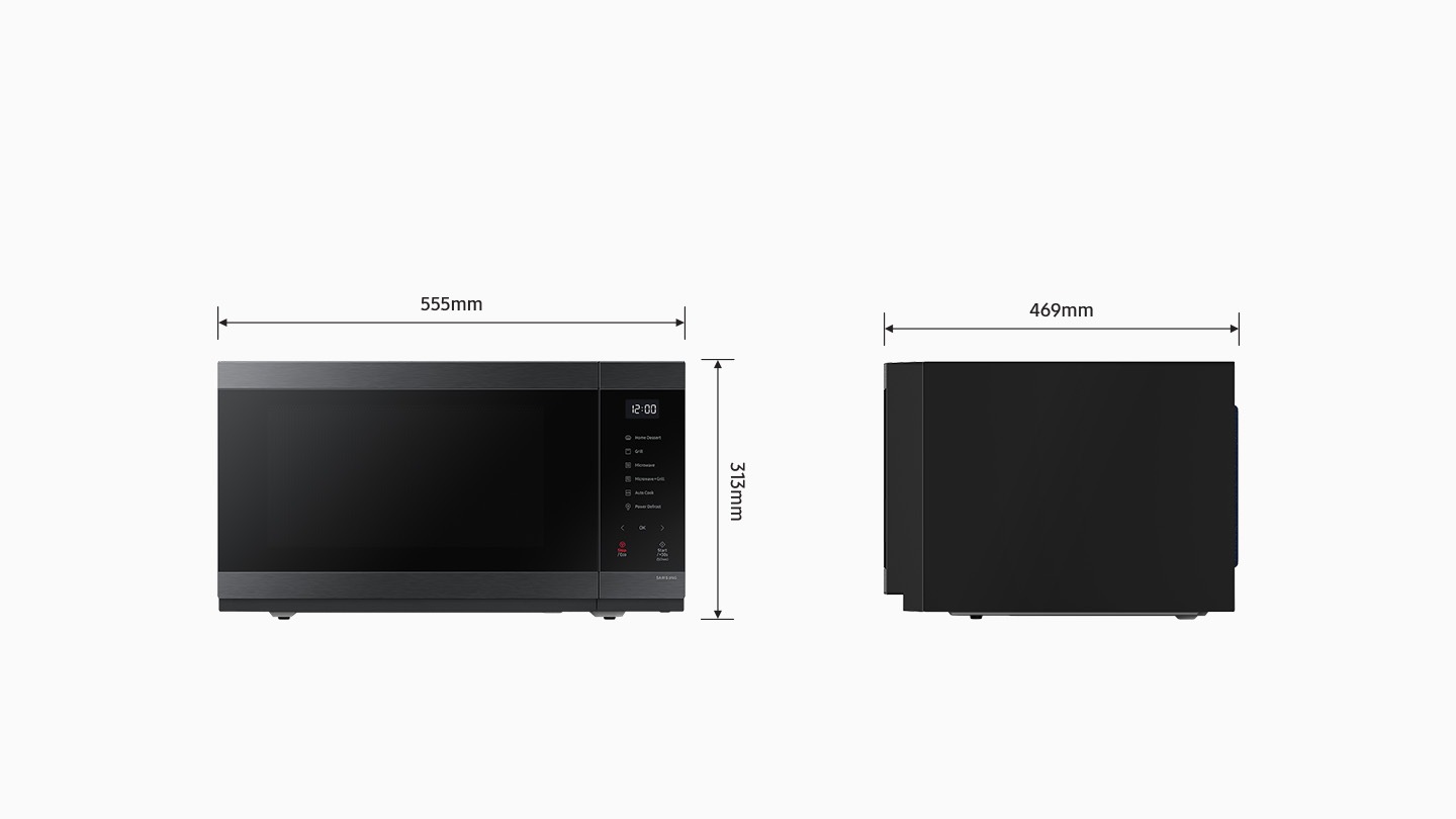 Shows the front and side of the microwave oven to illustrate how to measure its size. Its dimensions are: height = 313mm, width = 555mm, depth = 469mm.