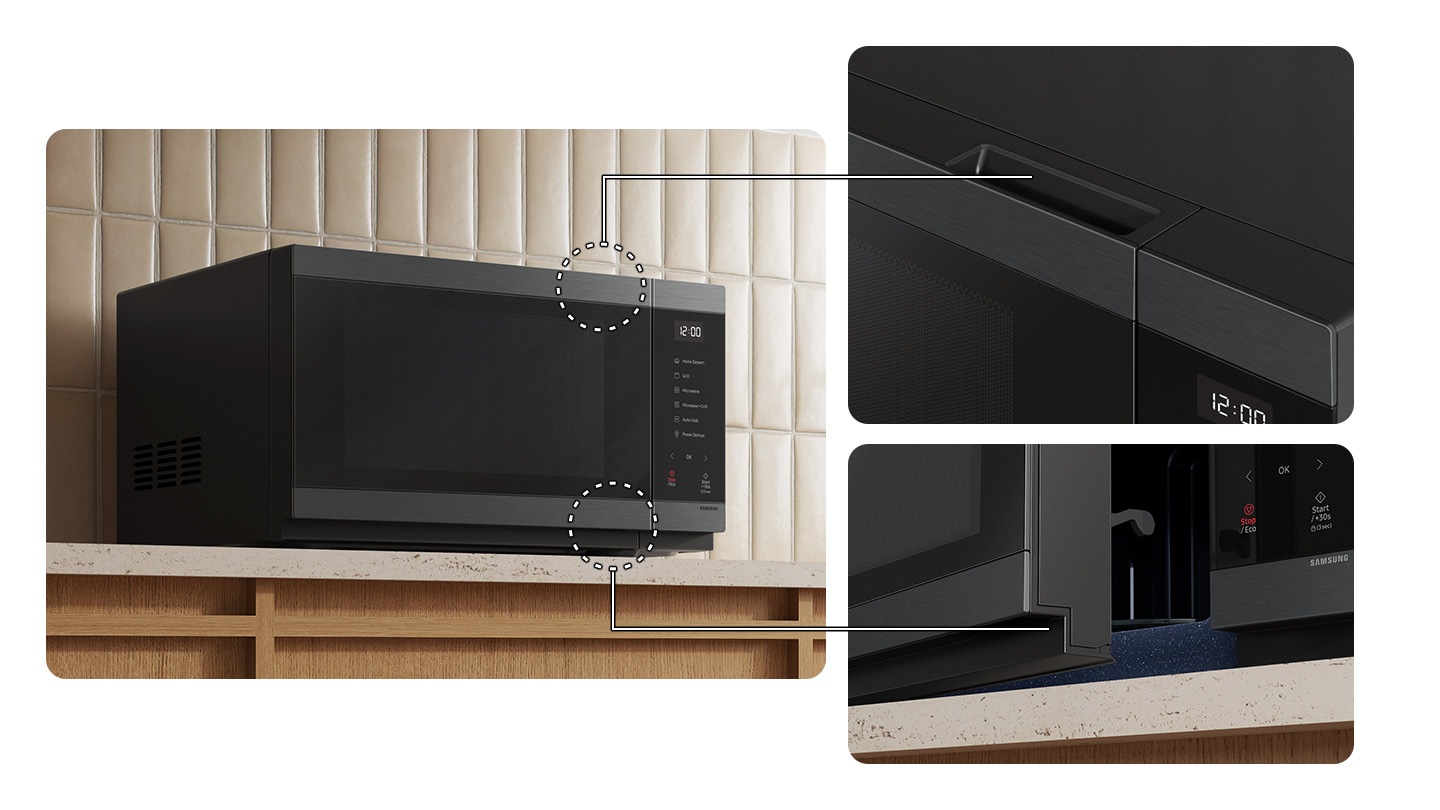 The microwave has seamless and recessed handles. Close-ups show the handles located at the top and bottom of the door.