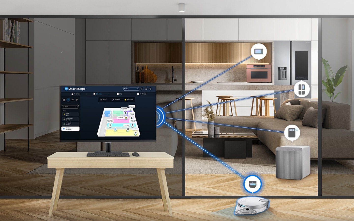 There is a monitor in a room with a vacuum cleaner, and outside of the room, a kitchen and living room is shown. In the kitchen, there is a cooker and a refrigerator. And there is an air purifier in the living room. All the devices are connected with the Smart Monitor with SmartThings, and the vacuum cleaner is activated by the SmartThings hub on the monitor.