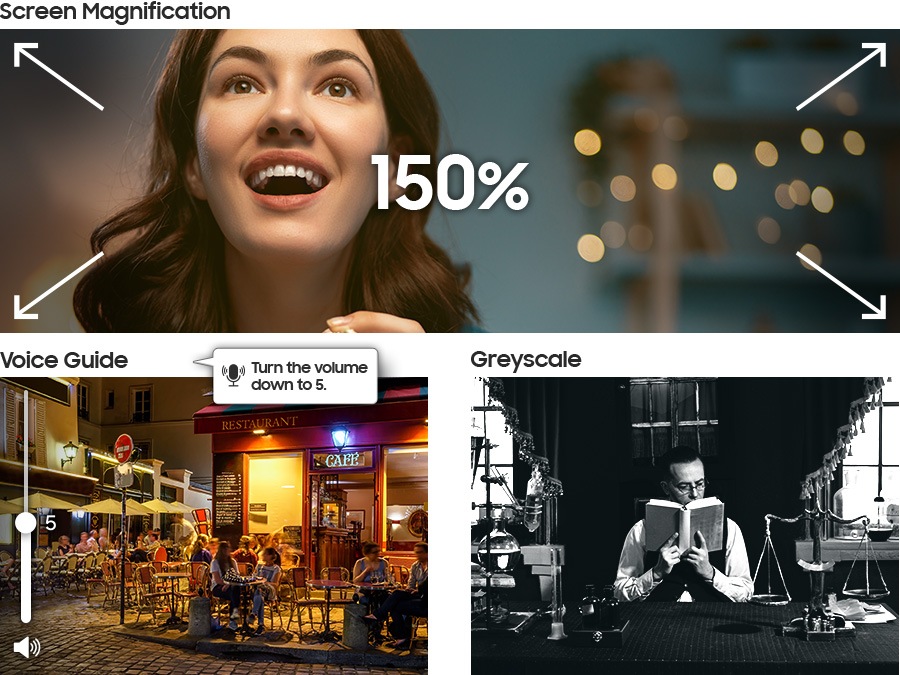 3 features related to accessibility are introduced. The Screen Magnification function that expands the screen up to 150% is explained at the top, the Voice Guide function is shown at the bottom left with a audio description about the volume setting - 'Turn the volume down to 5', and the Greyscale function is shown at the bottom right.