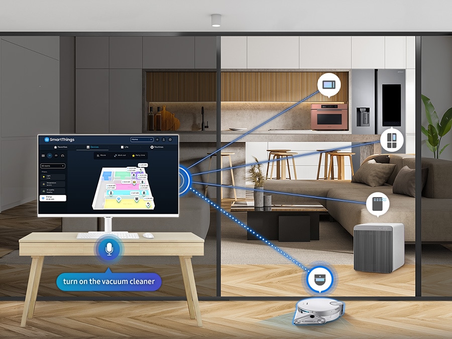 There is a monitor in a room with a vacuum cleaner, and outside of the room, a kitchen and living room is shown. In the kitchen, there is a cooker and a refrigerator. And there is an air purifier in the living room. All the devices are connected with the Smart Monitor with SmartThings, and the vacuum cleaner is activated by commanding at the SmartThings hub on the monitor in a voice saying 'turn on the vacuum cleaner'.