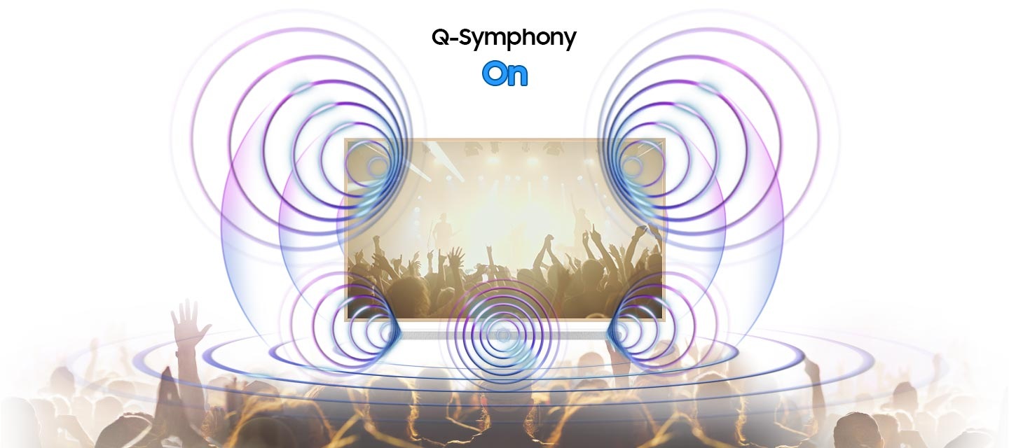 A TV screen depicts a lively concert scene. Directly underneath is an Ultra Slim Soundbar. When Q-Symphony is Off, the Soundbar plays audio by itself, giving off small sound waves. When Q-Symphony is On, the TV and Soundbar play audio together at the same time, with both giving off large sound waves in sync.